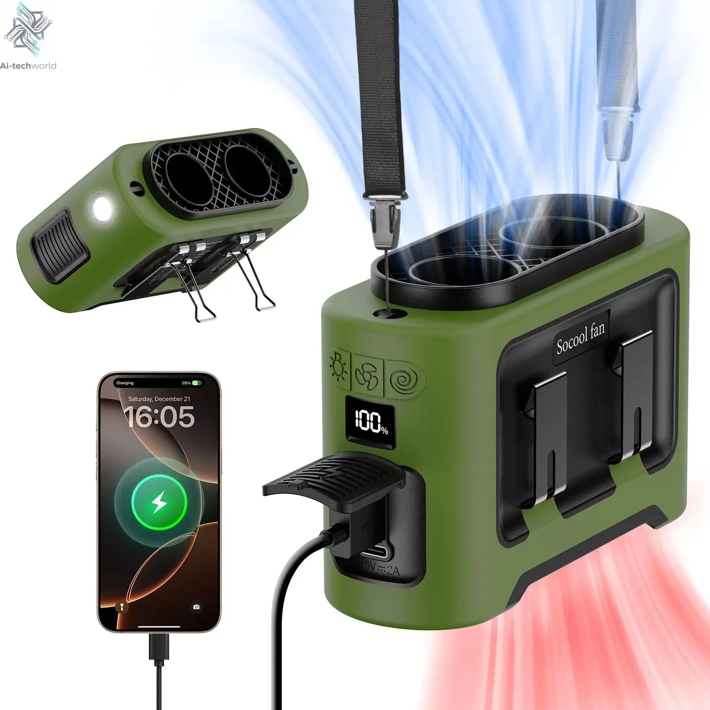 Socool 14500mAh Portable Waist Fan Dual Airflow Outlet Turbo Motors with Four Clips Emergency Flashlight Power Bank for Outdoor Ai-TechWorld