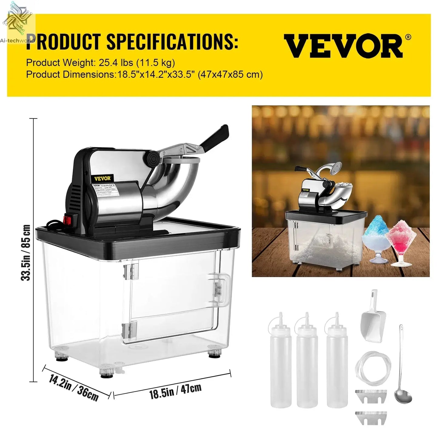 SucceBuy Electric Snow Cone Machine Ice Shaver Crusher Granizing Glass Blender Mixer Chopper Stainless Steel Colder Commercial Ai-TechWorld