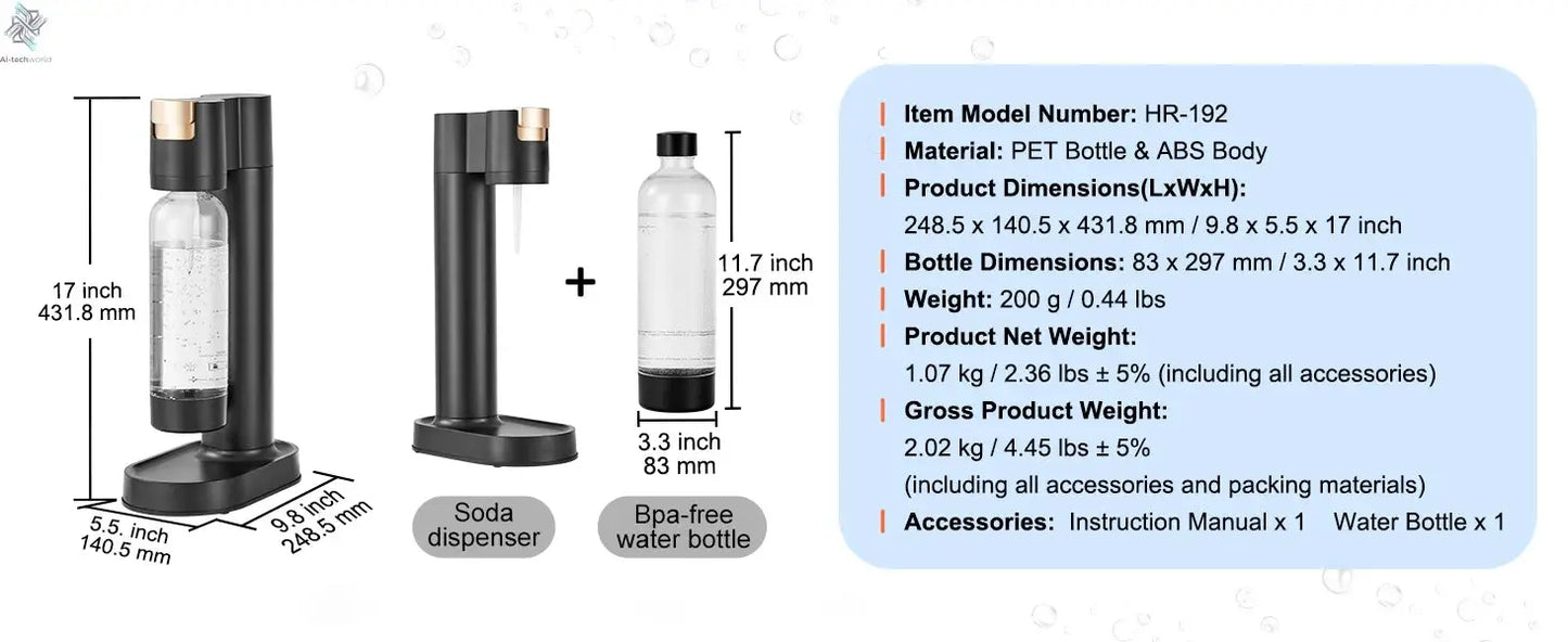 SucceBuy Sparkling Water Maker, Soda Maker Machine for Home Carbonating, Seltzer Water Starter Kit with BPA free 1L PET Bottle Ai-TechWorld