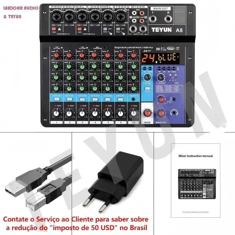 TEYUN A8 Channel Audio Mixer Professional Portable 24 DSP Mixer Sound Table Board Digital MP3 Computer Input 48v Power Number A6 Ai-TechWorld