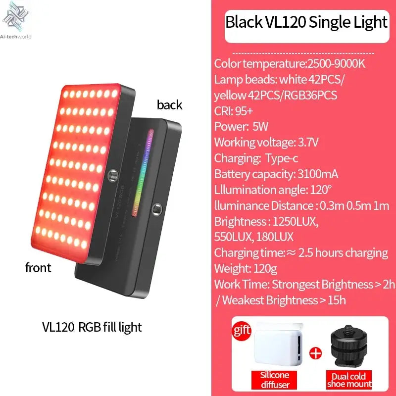 Ulanzi VL120 Full Color RGB Video Light 2500K-9000K LED Photography Lighting Dimmable Camera Light Live Videography Fill Lamp Ai-TechWorld