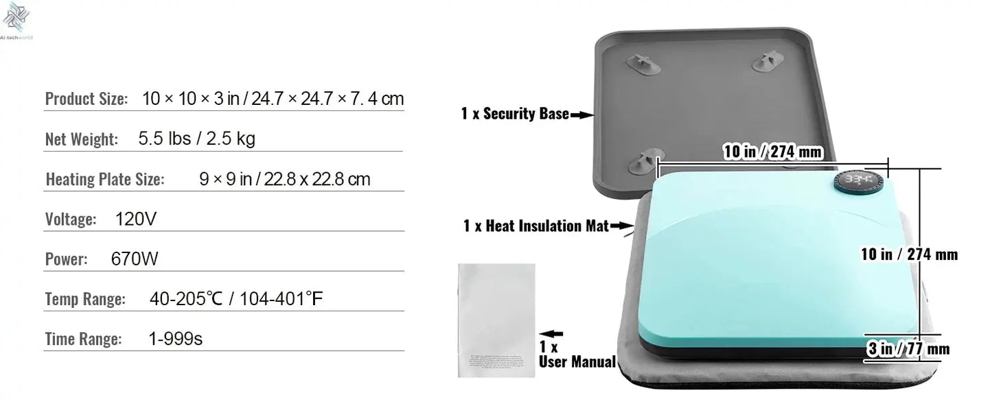 VEVOR 9x9/12x10 in Portable Heat Press Machine DIY Shirt Printing Multifunctional Sublimation Transfer for HTV Vinyl T-shirt Bag - Ai - TechWorld