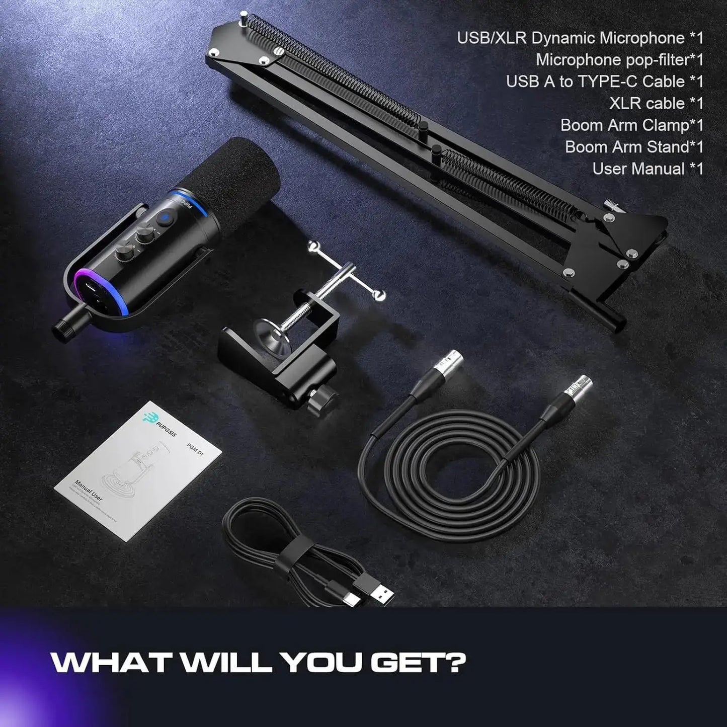 XLR/USB Podcast Microphone, Gaming Mic with Mute Button, Reverb Effects, Noise Cancellation, Boom Arm Stand, Headphones Jack Ai-TechWorld