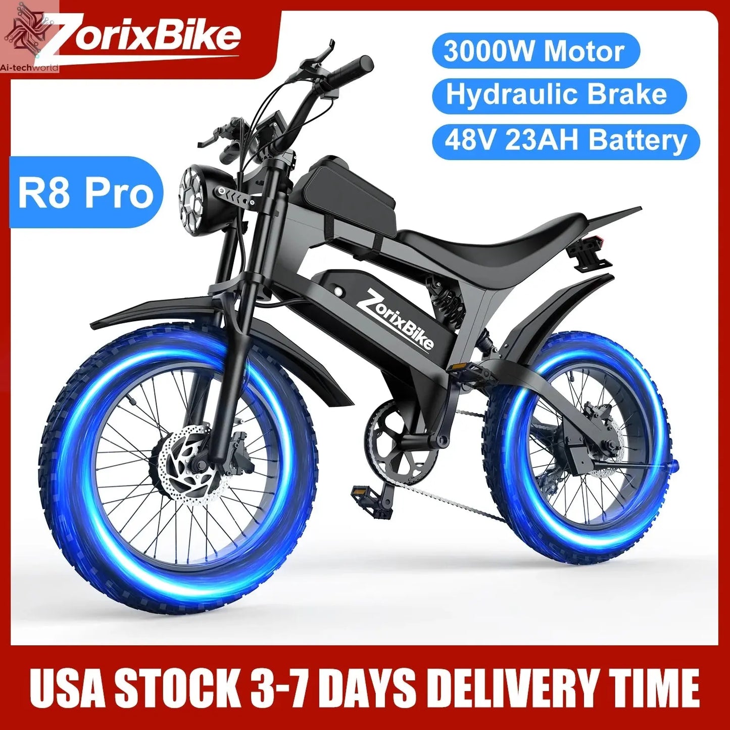 ZorixBike R8 Pro Electric Off-Road Bike 20x4" 3000W 35Mph 80Mile 48V 23Ah,7 Speed Wide Tire All Terrain E-Bike For Adult Ai-TechWorldย