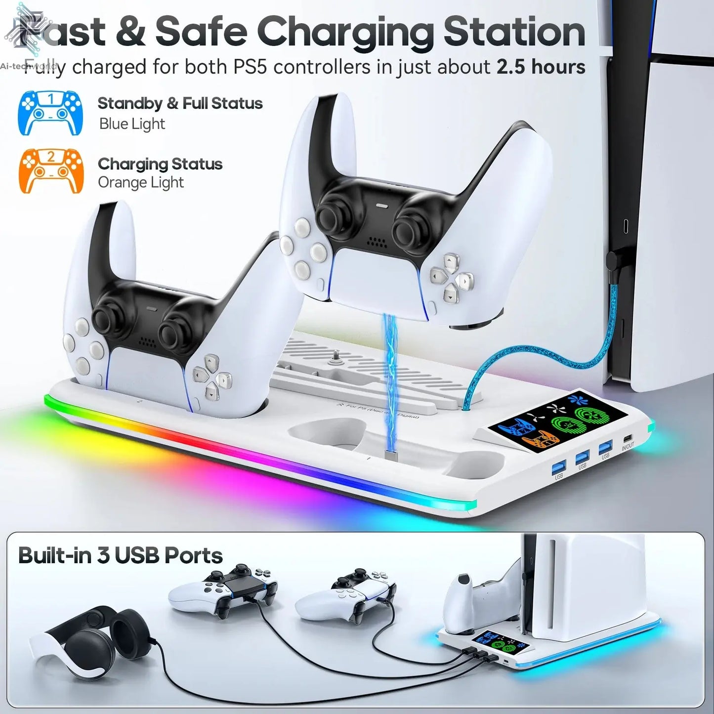 for PS5/PS5 Slim/PS5 Pro Stand with Headphone Hook Cooling Stand & Controller Charging Station for PS5 With 3 Levels Cooling Fan Ai-TechWorld