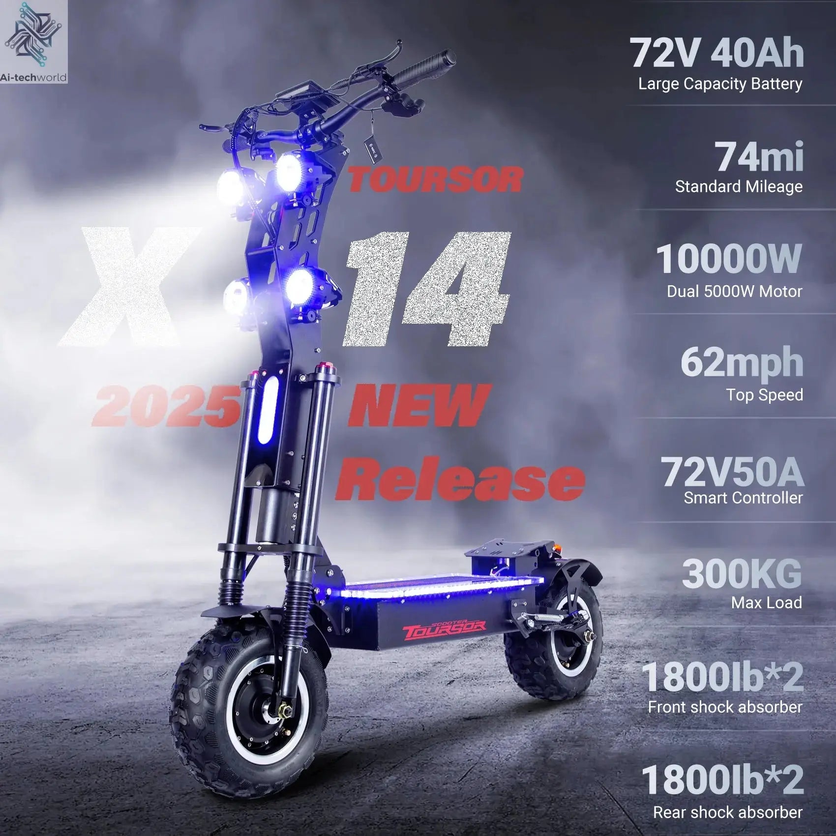 10000W Off-road Electric Scooter Dual Motors 14 Inch Off-Road Tyres 72V-40AH Panasonic Battery Speed 120KM/H elektro scooter Ai-TechWorld 