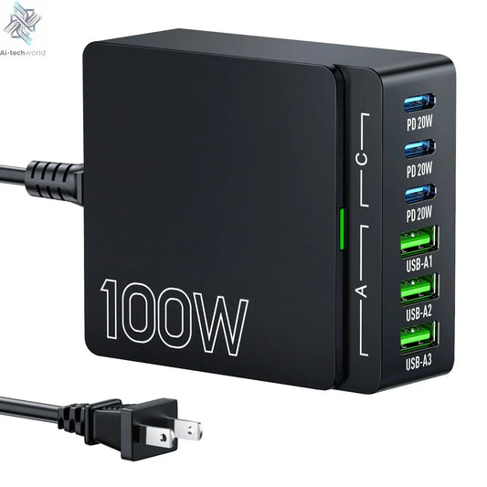 100W 6-Port GaN Quick Charge Hub - PD 3.0 Type C and USB A Charging Case - for Cell Phone Tablet Laptop Ai-TechWorld 