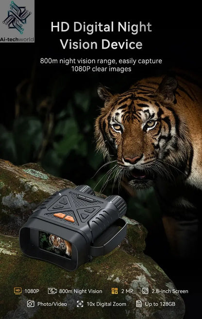 1080P Night Vision Binoculars 10x Digital 800m Full Dark Infrared Night Vision Telescope Goggles 2.8” Large Screen For Camping Ai-TechWorld 
