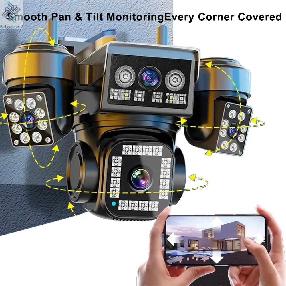10K 20MP WiFi Security Camera 4 Lens 4 Screen 360° Ptz 16X Zoom Waterproof Home Surveillance CCTV Outdoor Street Video Camera Ai-TechWorld 