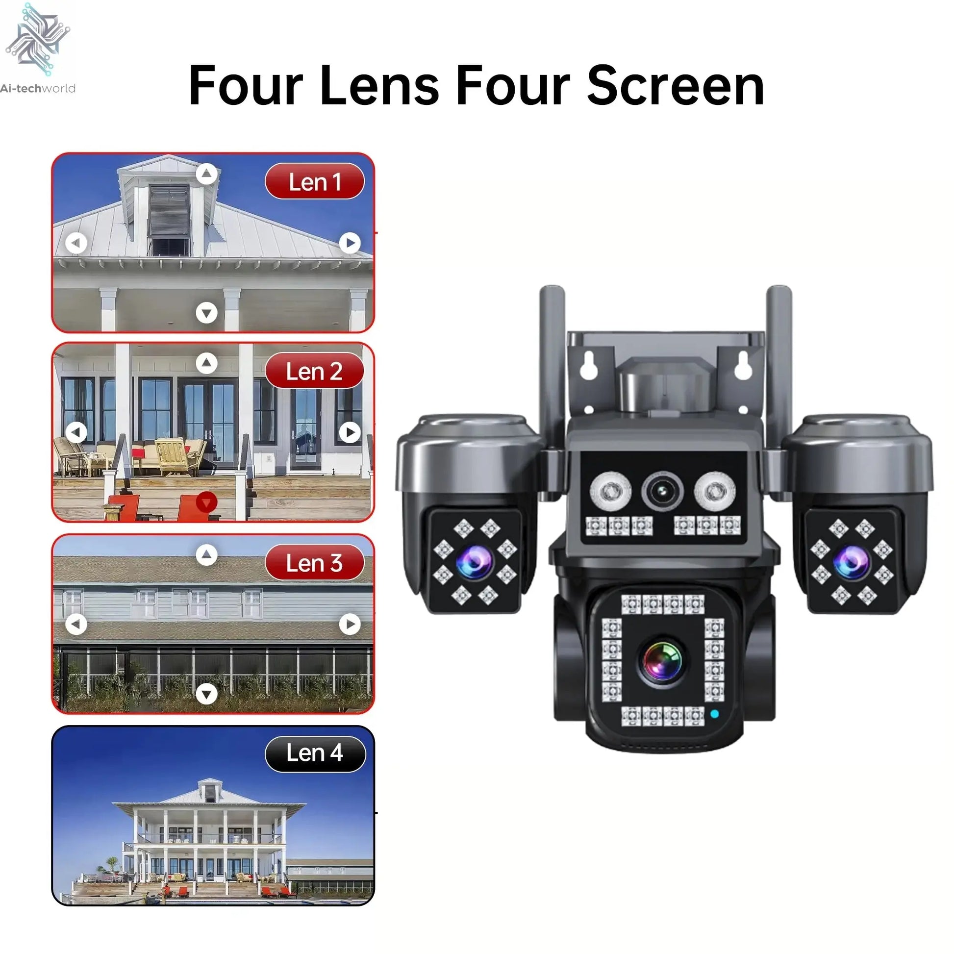 10K 20MP WiFi Security Camera 4 Lens 4 Screen 360° Ptz 16X Zoom Waterproof Home Surveillance CCTV Outdoor Street Video Camera Ai-TechWorld 