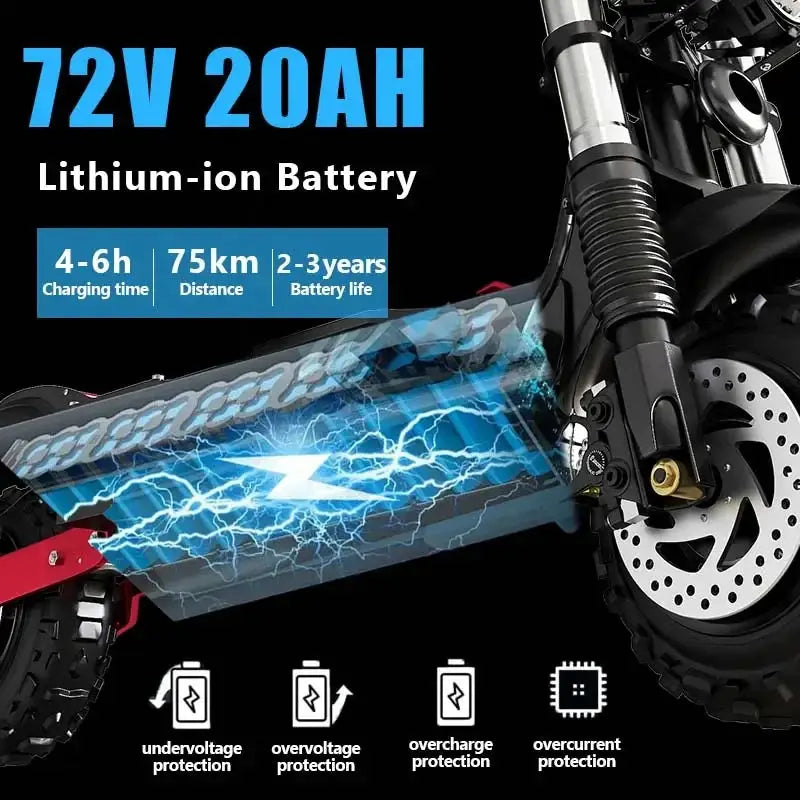 1200W 2400W 6000W Commuter Seated Adults Electric Scooter 48V/72V E-Scooter 10 inch Tubeless Off Road Tire with LCD - Ai-TechWorld