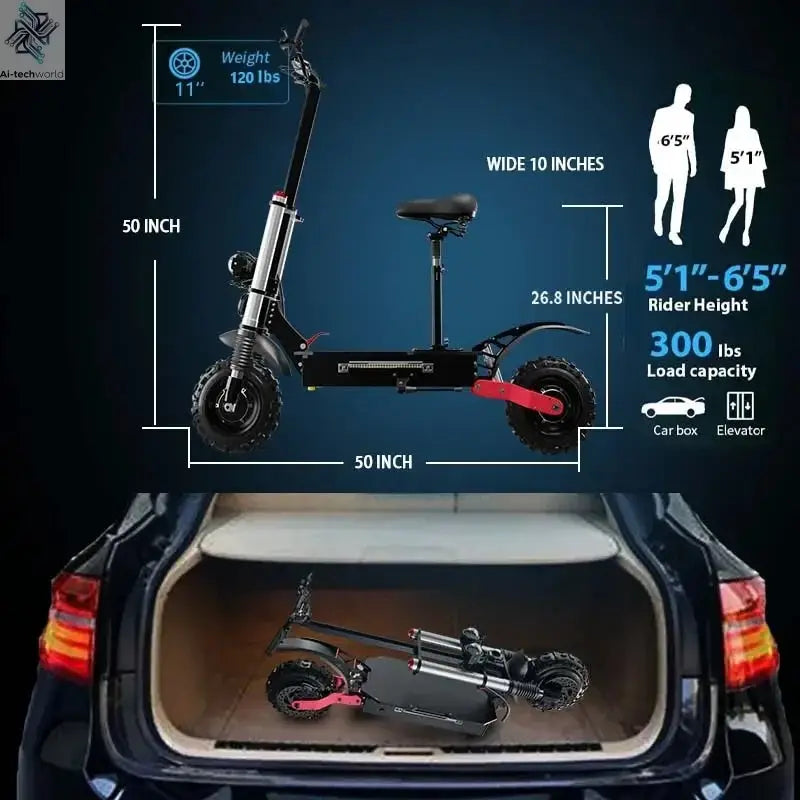 1200W 2400W 6000W Commuter Seated Adults Electric Scooter 48V/72V E-Scooter 10 inch Tubeless Off Road Tire with LCD - Ai-TechWorld