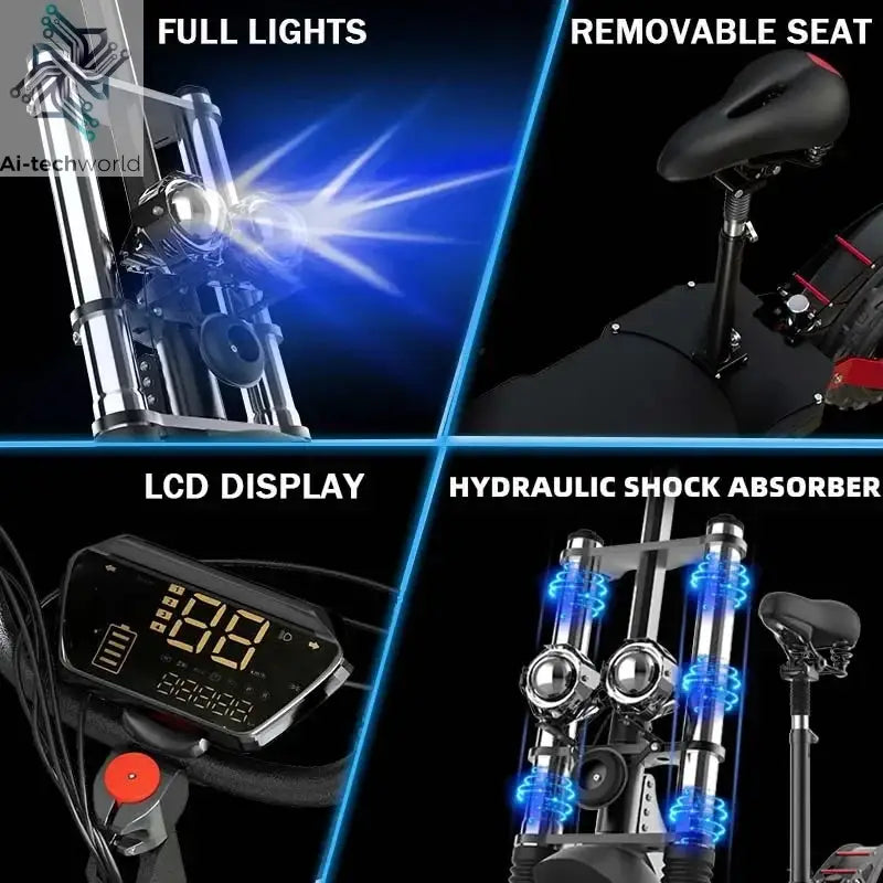 1200W 2400W 6000W Commuter Seated Adults Electric Scooter 48V/72V E-Scooter 10 inch Tubeless Off Road Tire with LCD - Ai-TechWorld