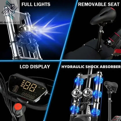 1200W 2400W 6000W Commuter Seated Adults Electric Scooter 48V/72V E-Scooter 10 inch Tubeless Off Road Tire with LCD - Ai-TechWorld
