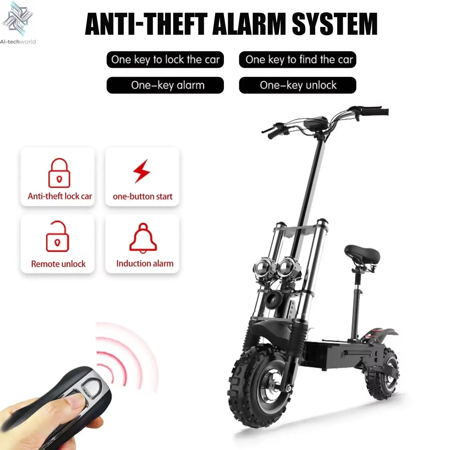 1200W 2400W 6000W Commuter Seated Adults Electric Scooter 48V/72V E-Scooter 10 inch Tubeless Off Road Tire with LCD - Ai-TechWorld