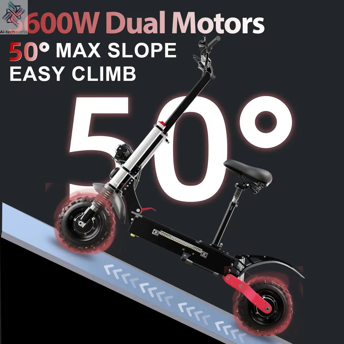 1200W 2400W 6000W Commuter Seated Adults Electric Scooter 48V/72V E-Scooter 10 inch Tubeless Off Road Tire with LCD - Ai-TechWorld