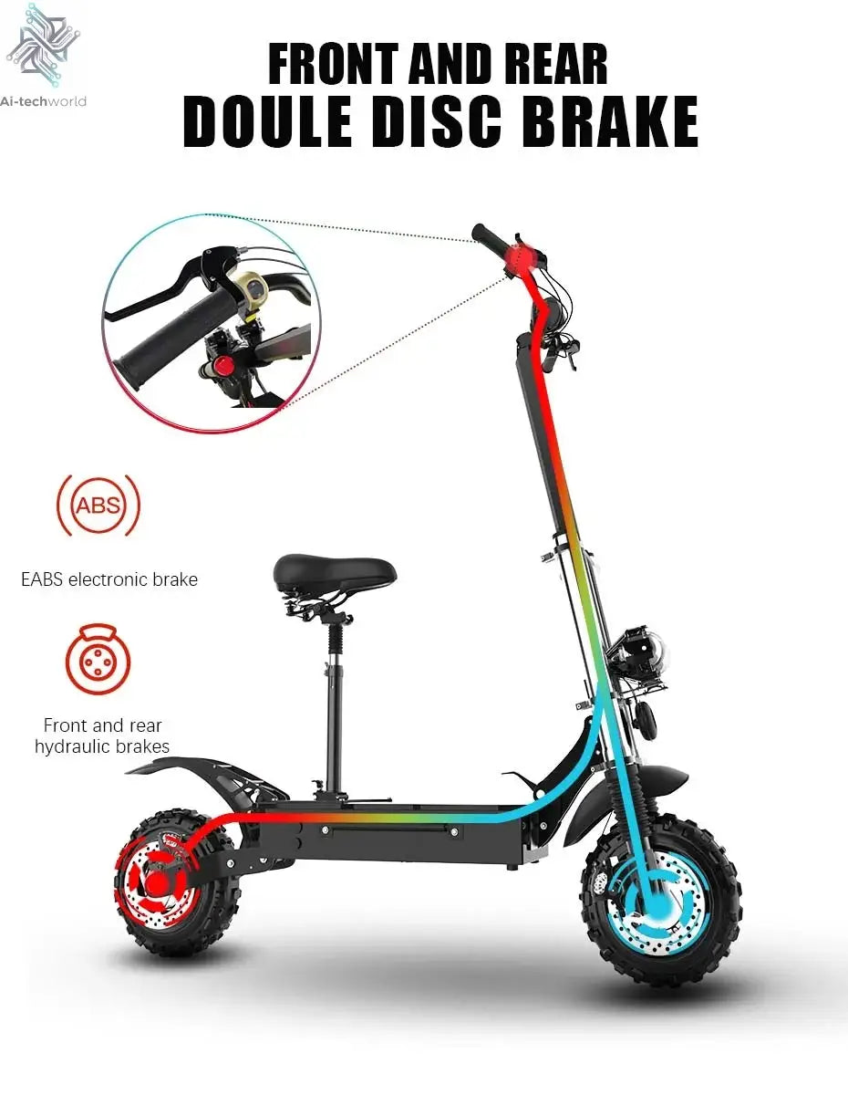 1200W 2400W 6000W Commuter Seated Adults Electric Scooter 48V/72V E-Scooter 10 inch Tubeless Off Road Tire with LCD - Ai-TechWorld