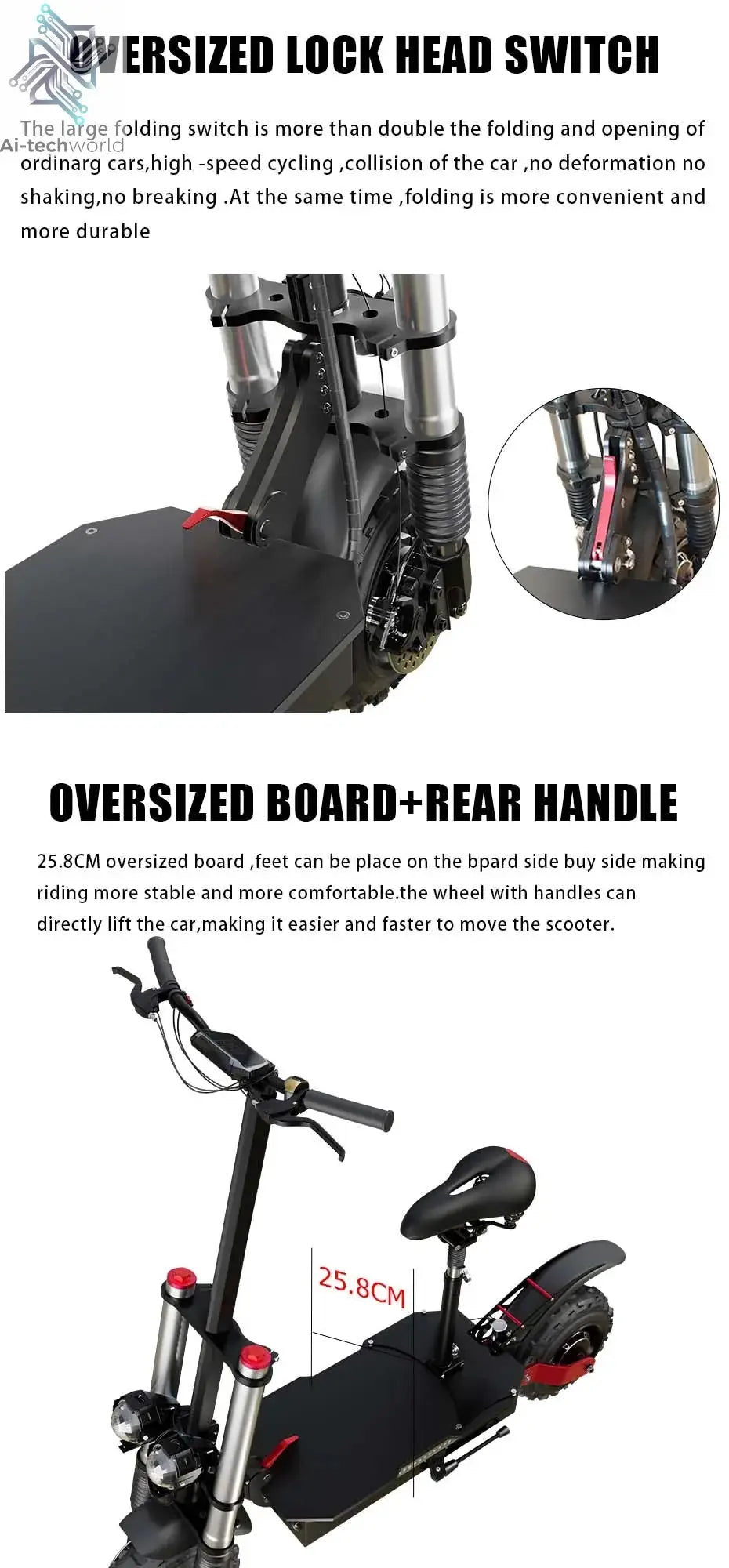 1200W 2400W 6000W Commuter Seated Adults Electric Scooter 48V/72V E-Scooter 10 inch Tubeless Off Road Tire with LCD - Ai-TechWorld