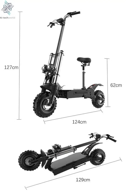 1200W 2400W 6000W Commuter Seated Adults Electric Scooter 48V/72V E-Scooter 10 inch Tubeless Off Road Tire with LCD - Ai-TechWorld