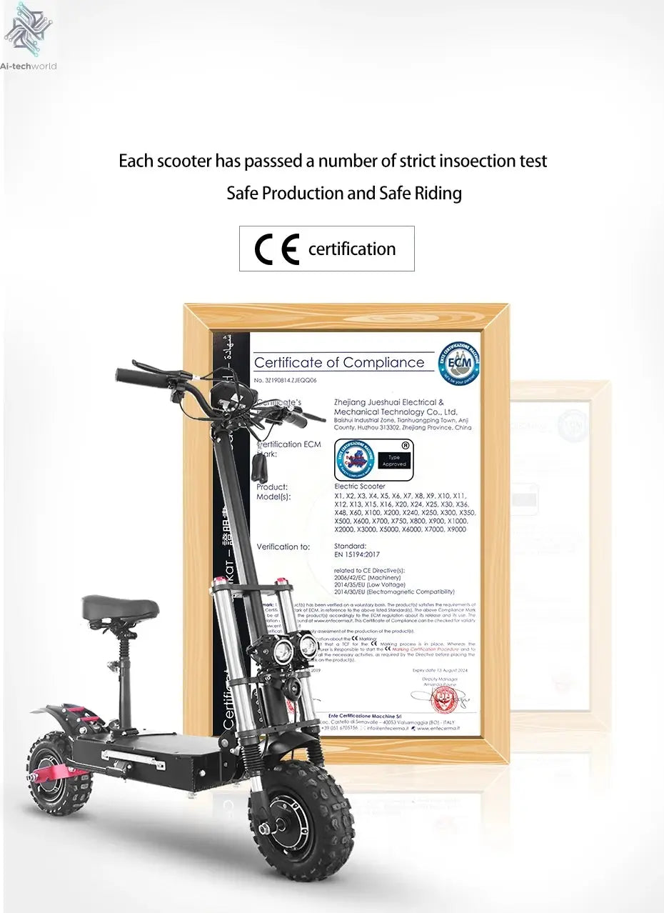 1200W 2400W 6000W Commuter Seated Adults Electric Scooter 48V/72V E-Scooter 10 inch Tubeless Off Road Tire with LCD - Ai-TechWorld