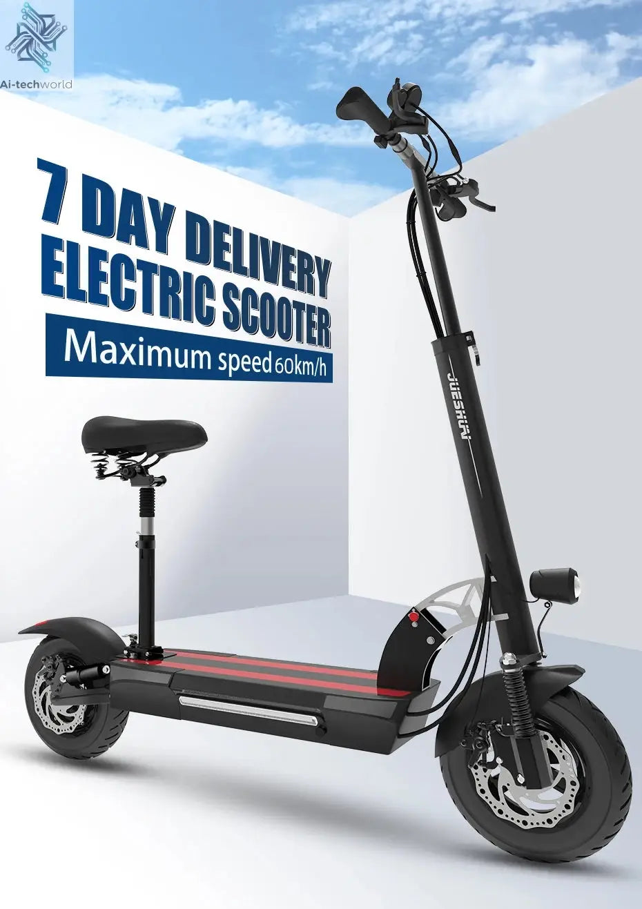 1200W 2400W 6000W Commuter Seated Adults Electric Scooter 48V/72V E-Scooter 10 inch Tubeless Off Road Tire with LCD - Ai-TechWorld