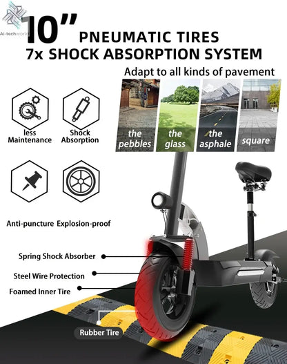 1200W 2400W 6000W Commuter Seated Adults Electric Scooter 48V/72V E-Scooter 10 inch Tubeless Off Road Tire with LCD - Ai-TechWorld
