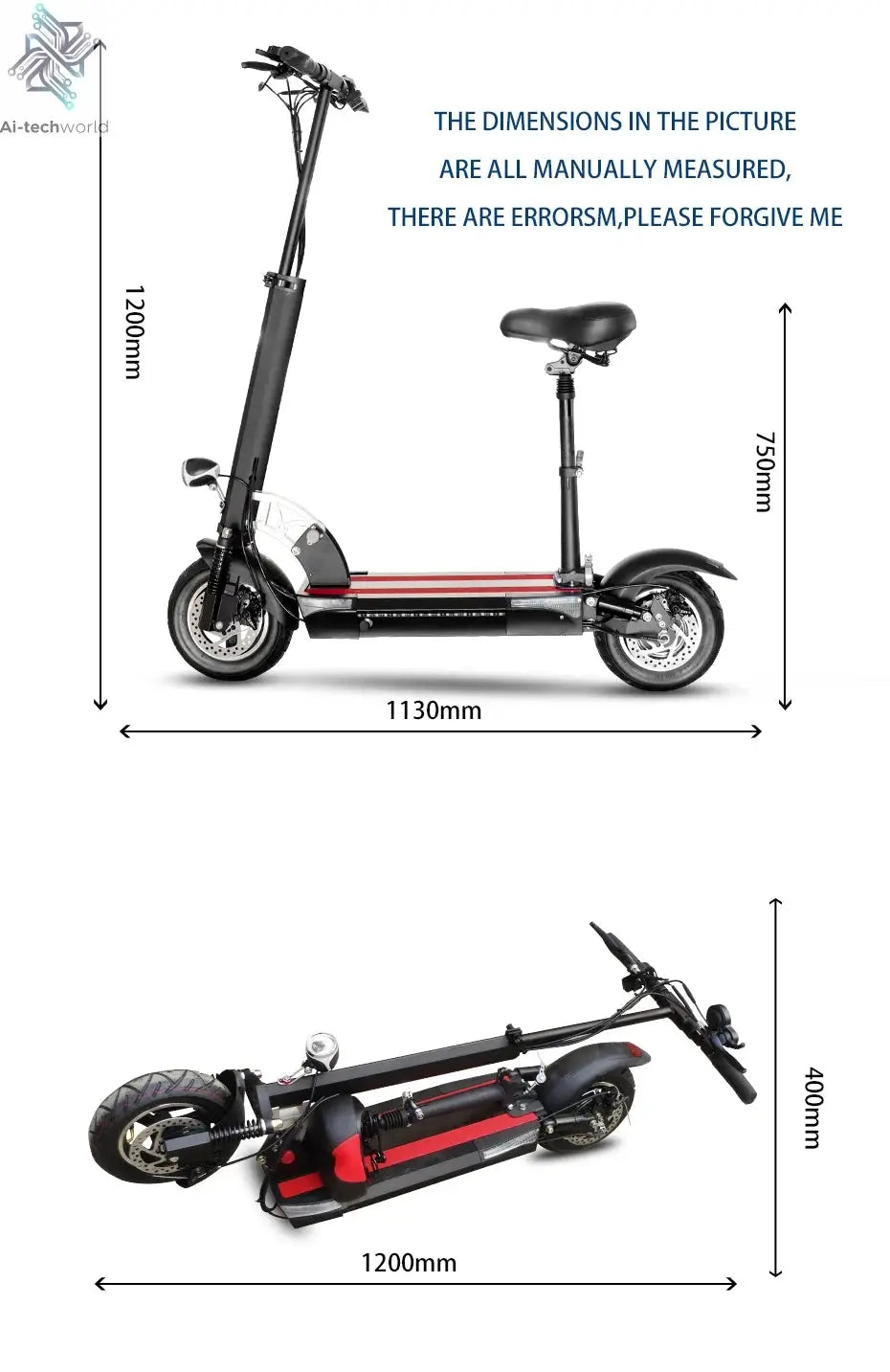 1200W 2400W 6000W Commuter Seated Adults Electric Scooter 48V/72V E-Scooter 10 inch Tubeless Off Road Tire with LCD - Ai-TechWorld