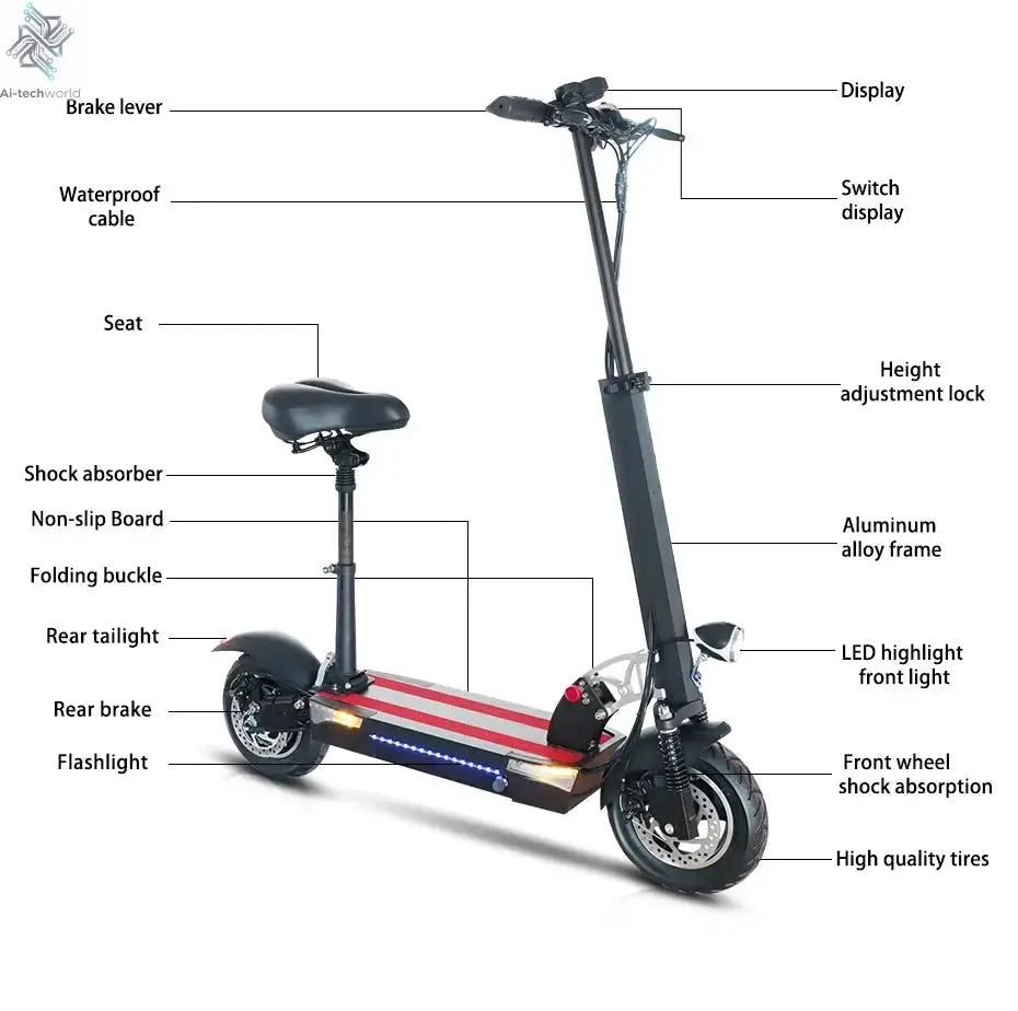 1200W 2400W 6000W Commuter Seated Adults Electric Scooter 48V/72V E-Scooter 10 inch Tubeless Off Road Tire with LCD - Ai-TechWorld