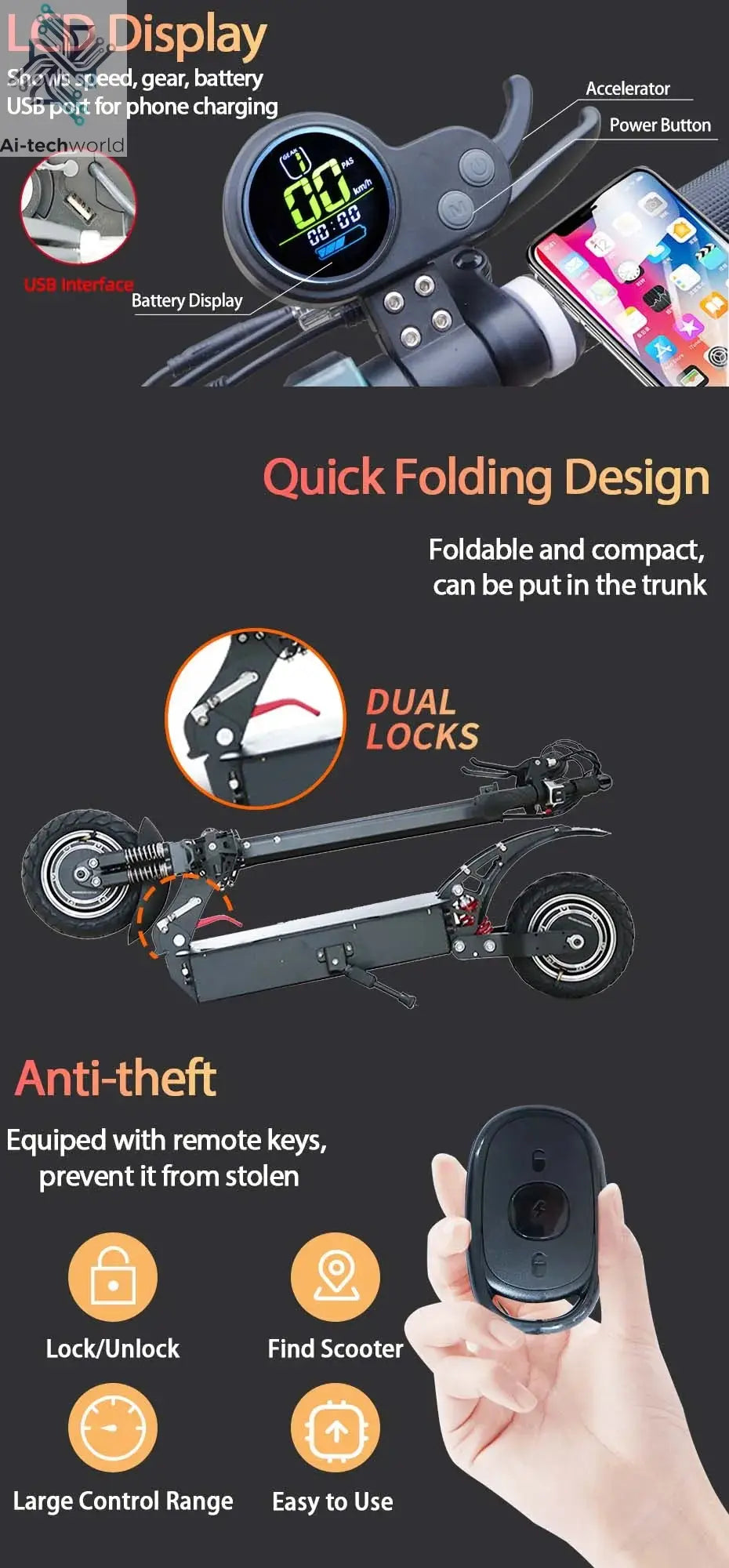 1200W 2400W 6000W Commuter Seated Adults Electric Scooter 48V/72V E-Scooter 10 inch Tubeless Off Road Tire with LCD - Ai-TechWorld