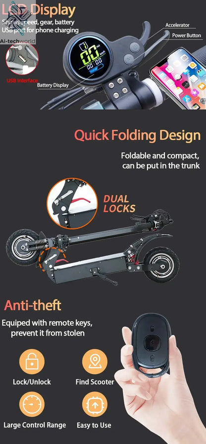 1200W 2400W 6000W Commuter Seated Adults Electric Scooter 48V/72V E-Scooter 10 inch Tubeless Off Road Tire with LCD - Ai-TechWorld