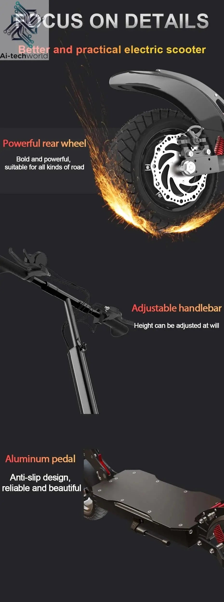 1200W 2400W 6000W Commuter Seated Adults Electric Scooter 48V/72V E-Scooter 10 inch Tubeless Off Road Tire with LCD - Ai-TechWorld