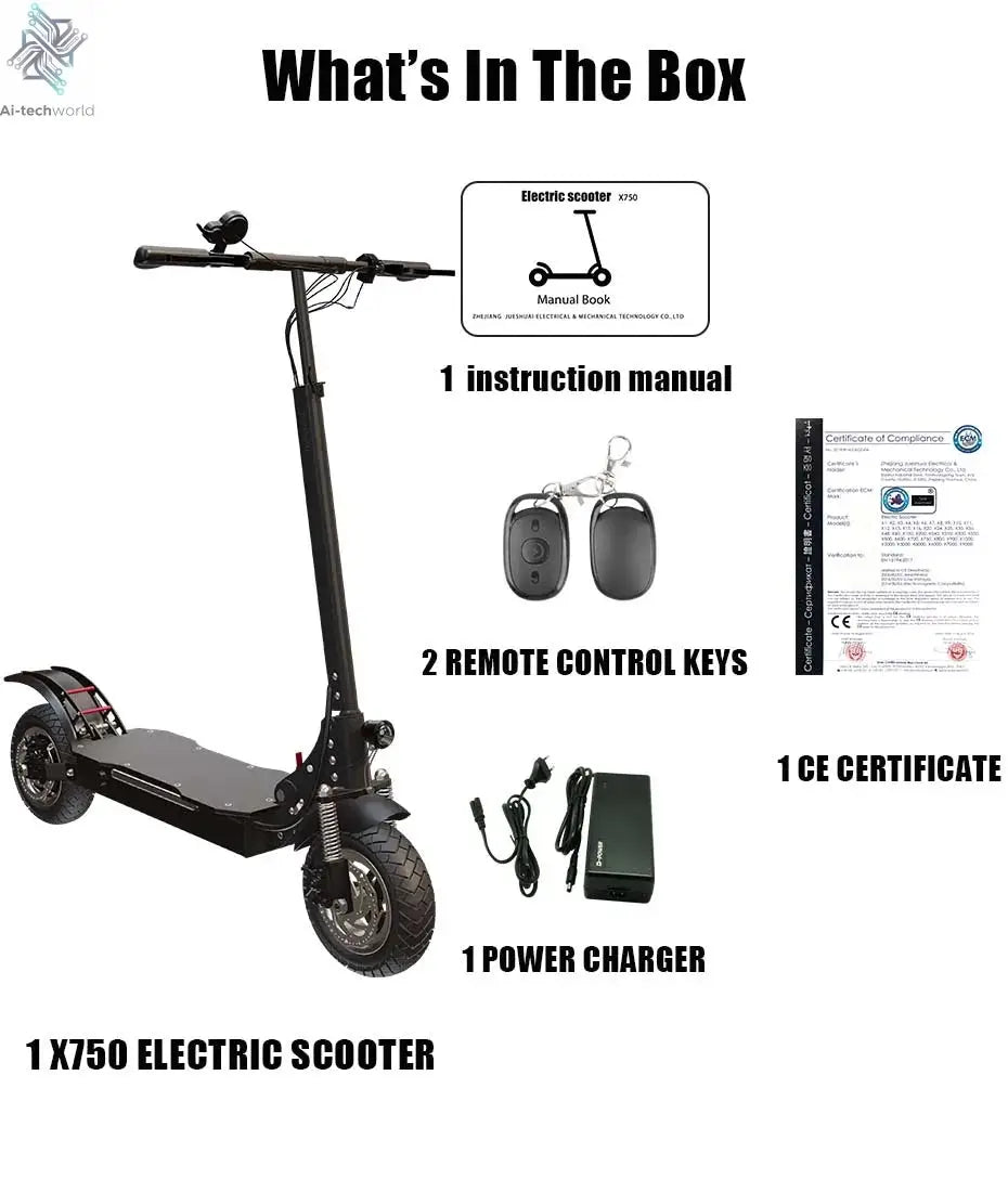1200W 2400W 6000W Commuter Seated Adults Electric Scooter 48V/72V E-Scooter 10 inch Tubeless Off Road Tire with LCD - Ai-TechWorld