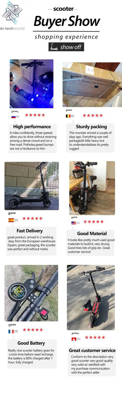 1200W 2400W 6000W Commuter Seated Adults Electric Scooter 48V/72V E-Scooter 10 inch Tubeless Off Road Tire with LCD - Ai-TechWorld
