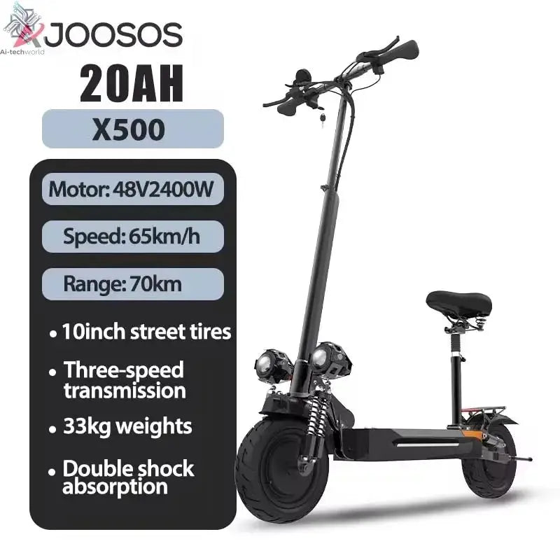 1200W 2400W 6000W Commuter Seated Adults Electric Scooter 48V/72V E-Scooter 10 inch Tubeless Off Road Tire with LCD - Ai-TechWorld