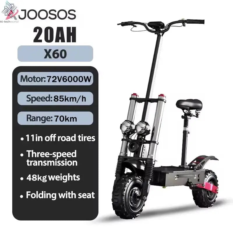 1200W 2400W 6000W Commuter Seated Adults Electric Scooter 48V/72V E-Scooter 10 inch Tubeless Off Road Tire with LCD - Ai-TechWorld