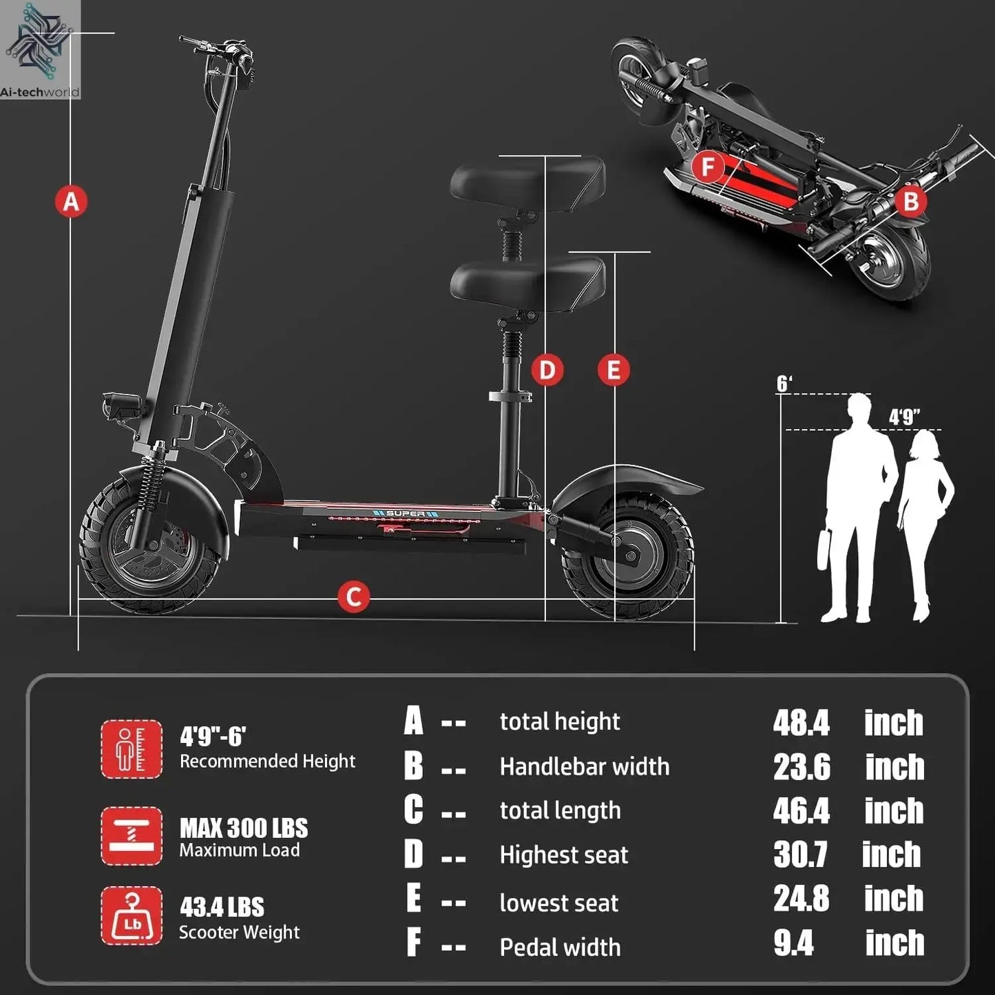 1200W Peak Dual Motor Electric Scooter with Seat, 48V 15AH 27 MPH,Up to 45+ Miles, UL2272 Certified Foldable Commuting E-Scooter Ai-TechWorld 