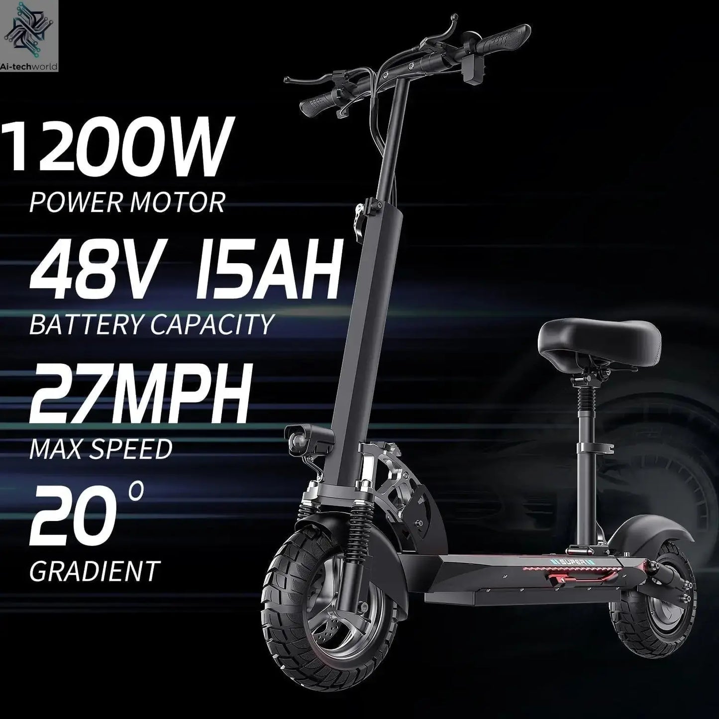 1200W Peak Dual Motor Electric Scooter with Seat, 48V 15AH 27 MPH,Up to 45+ Miles, UL2272 Certified Foldable Commuting E-Scooter Ai-TechWorld 