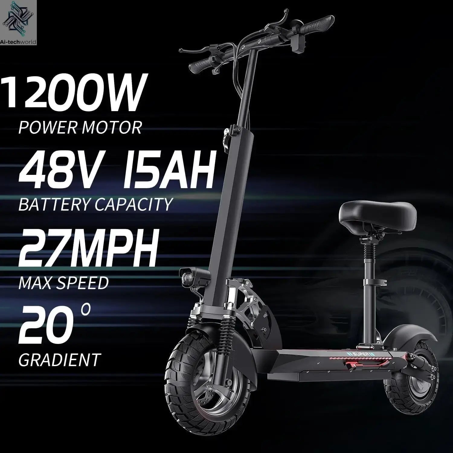 1200W Peak Dual Motor Electric Scooter with Seat, 48V 15AH 27 MPH,Up to 45+ Miles, UL2272 Certified Foldable Commuting E-Scooter Ai-TechWorld 