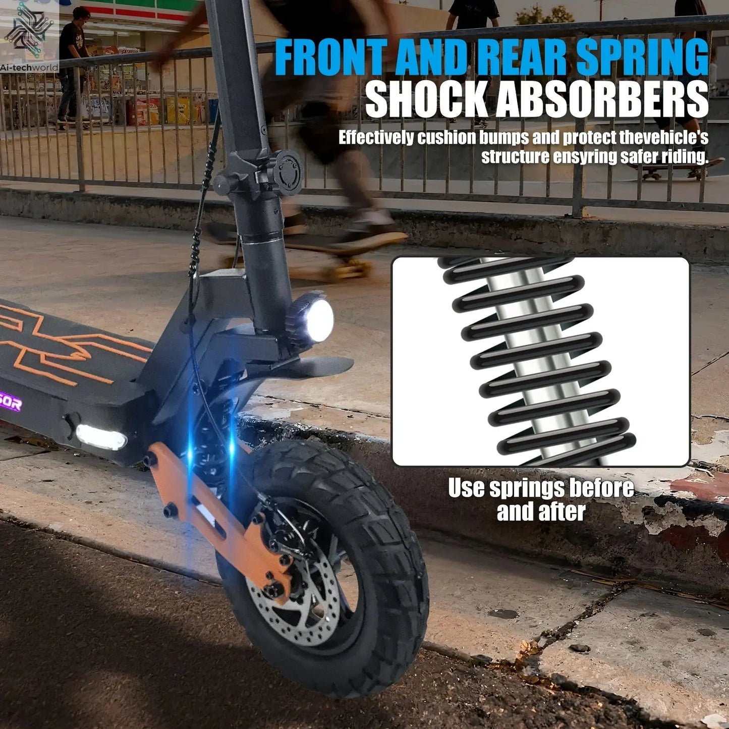 1200W Peak Motor Fold Adult Electric Scooter 48V 18AH 40MPH 11-inch off-roadTires Front and Rear Disc Brakes and Shock Absorbers Ai-TechWorld 