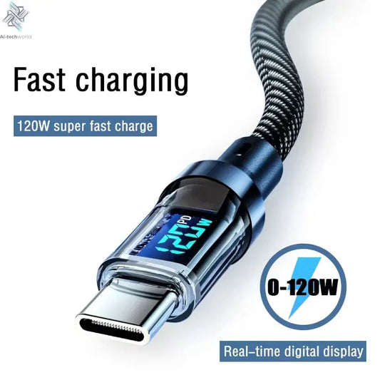 120W USB to Type C Data Cable LED Display 100W Dual USB C Fast Charging Data Cord 1/1.5/2M Portable PD Fast Charge Line For Home - Ai-TechWorld