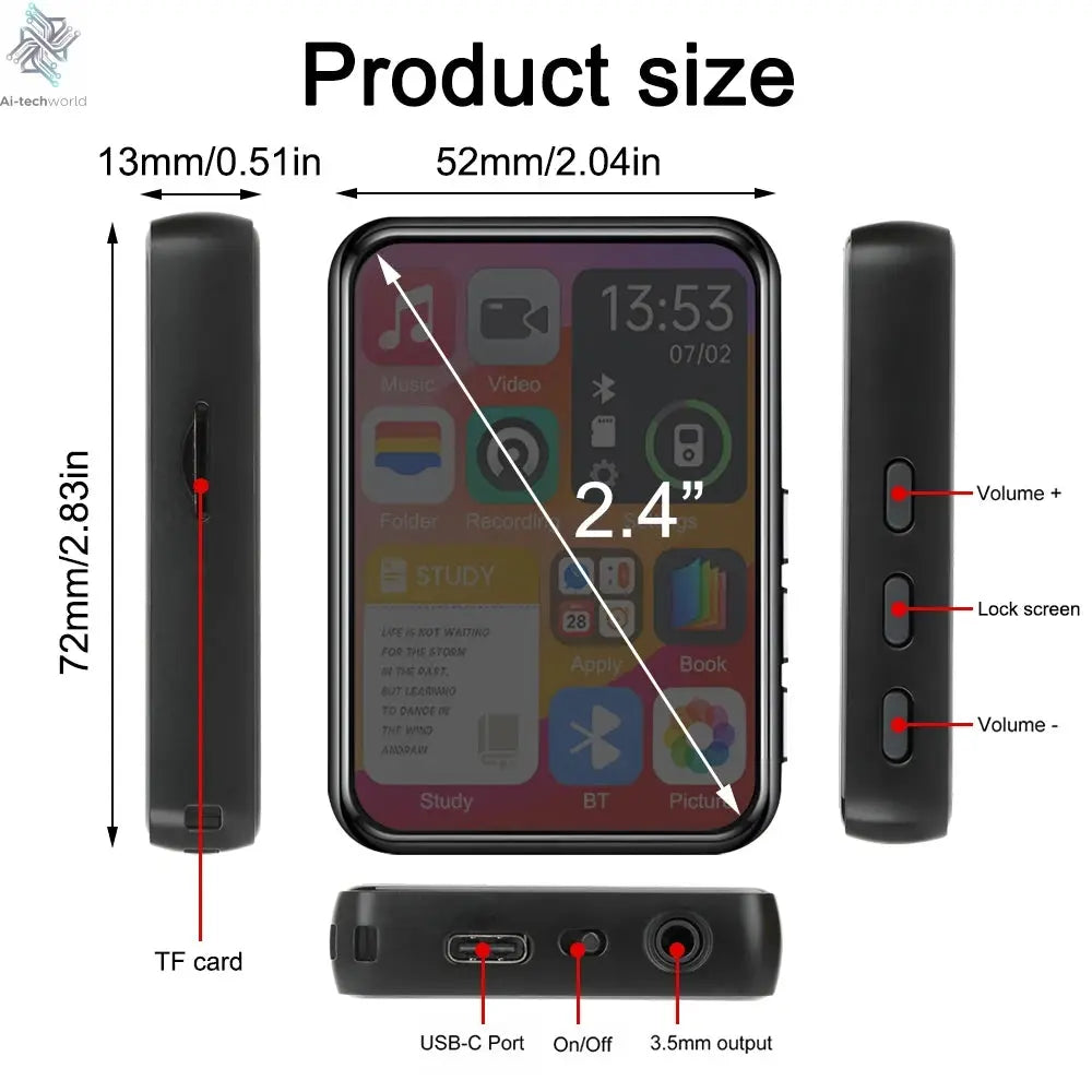 128G MP3 Player Bluetooth 5.4 HiFi MP3 Music Player Built-in Speaker 2.4inch Touch Screen MP4 Player with E-book/Video Recording Ai-TechWorld 
