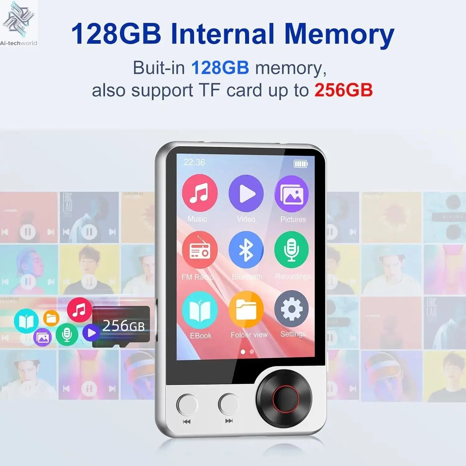 128GB MP3 Player with Boosted Bluetooth 5.3, Music Player Features HD Speaker, 2.4" Touchscreen, Expandable SD Card Slot, Dual Ai-TechWorld 