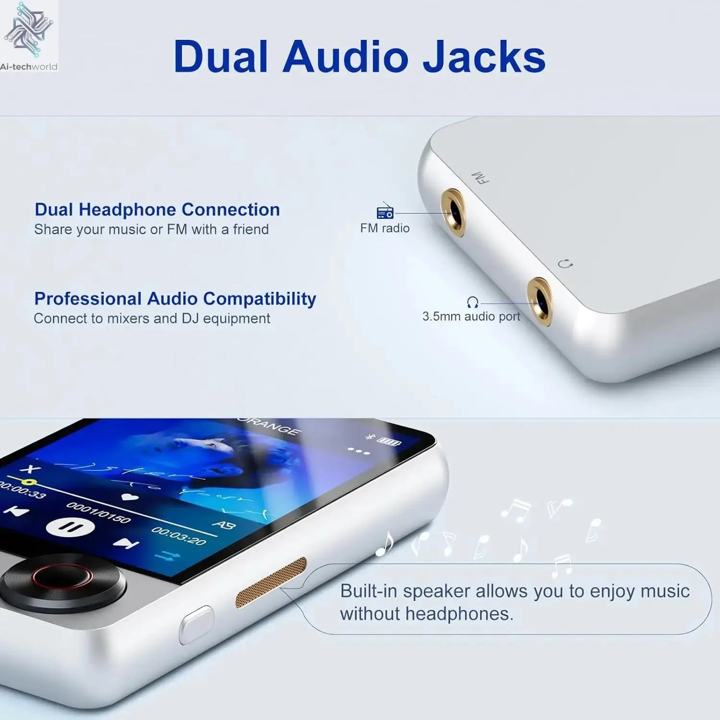 128GB MP3 Player with Boosted Bluetooth 5.3, Music Player Features HD Speaker, 2.4" Touchscreen, Expandable SD Card Slot, Dual Ai-TechWorld 