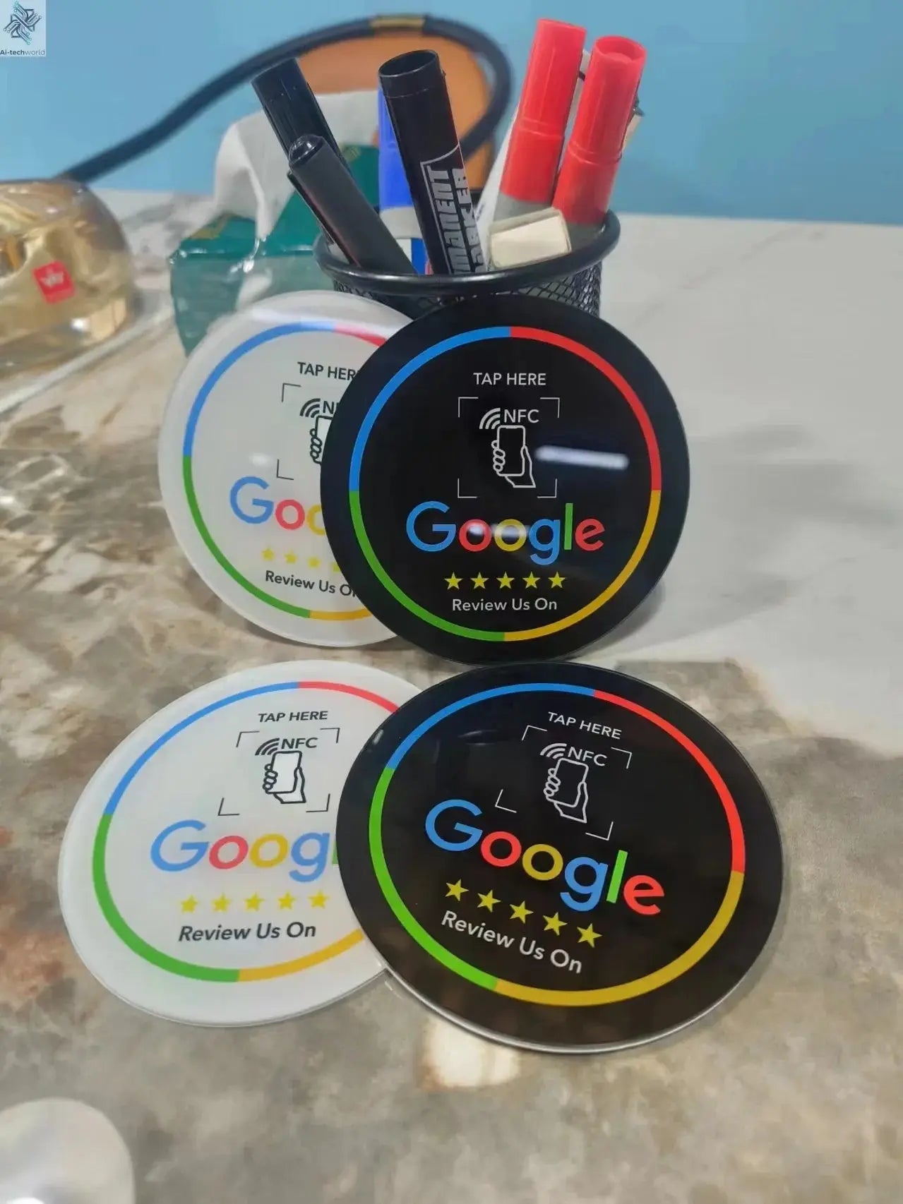 13.56Mhz Programmable Google Round Review Card NFC Round Card NFC Google Review display Round patch card brand holder Ai-TechWorld 