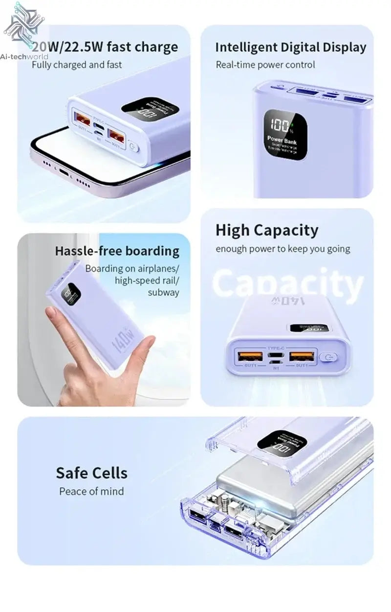 140W 100000mAh Power Bank High Capacity PD 22.5W Super Fast Charging Portable Battery Charger for iPhone 12-17 Samsung 2026 NEW Ai-TechWorld 