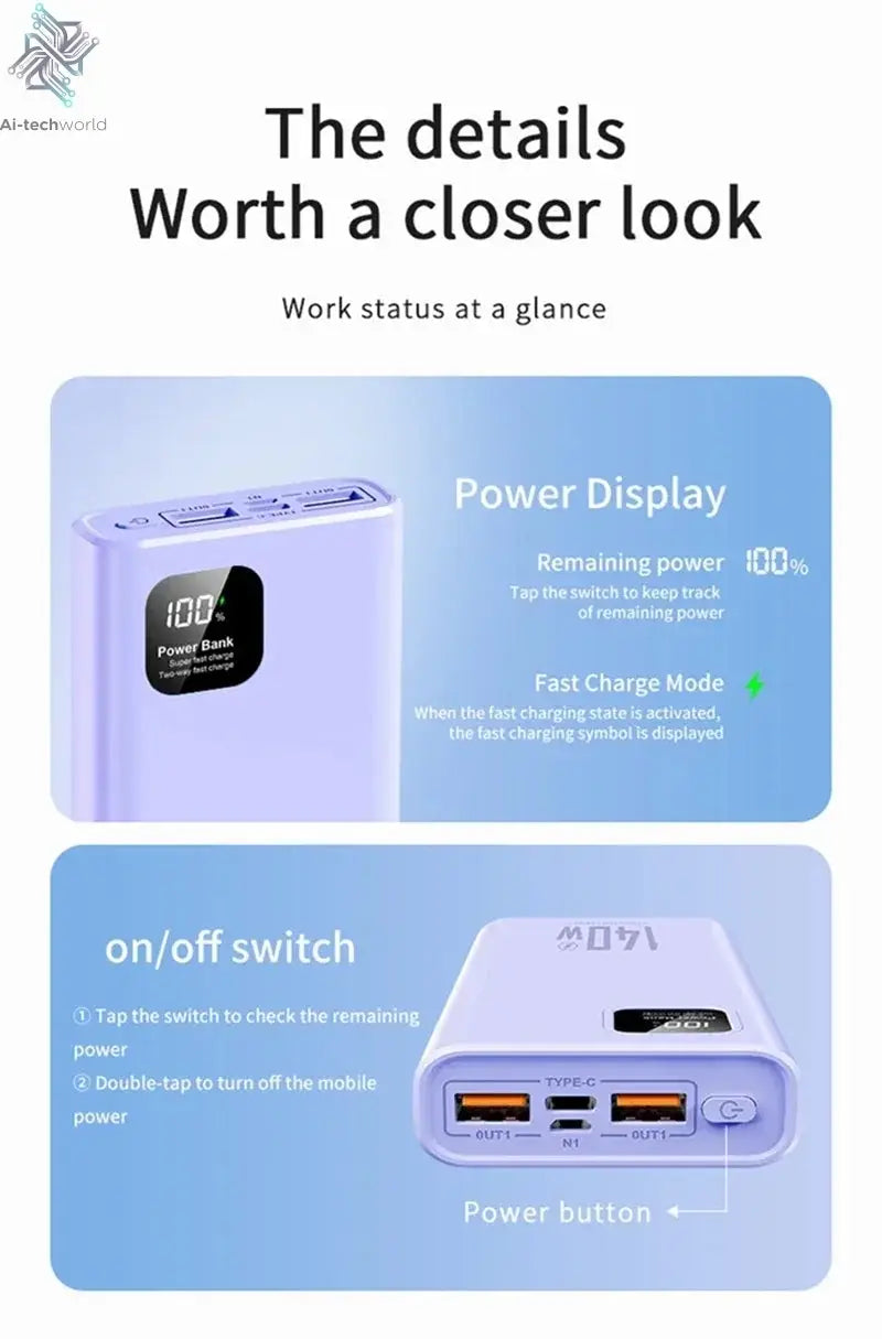 140W 100000mAh Power Bank High Capacity PD 22.5W Super Fast Charging Portable Battery Charger for iPhone 12-17 Samsung 2026 NEW Ai-TechWorld 