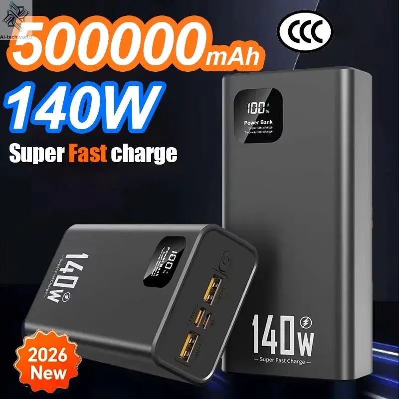140W 500000mAh High Capacity Power Bank Super Fast Charging CCC Portable Battery Charger for iPhone 12-17 Samsung 2026 Ai-TechWorld 