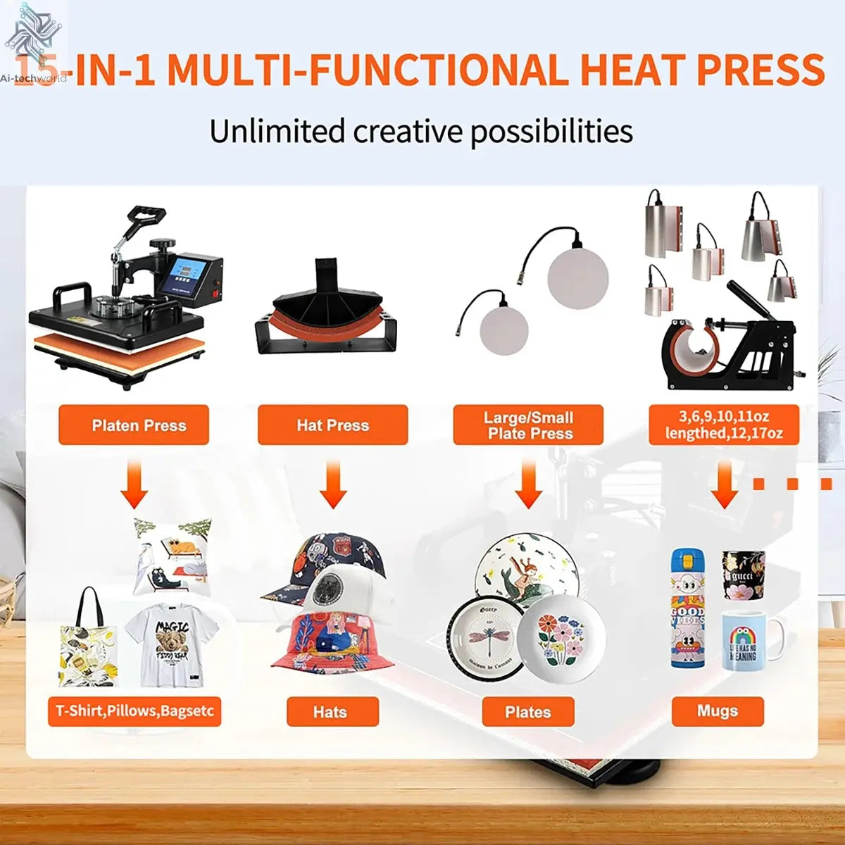 15 In 1 Combo Muntifunctional Sublimation Heat Press Machine Tshirt Heat Transfer Printer For Mug/Cap/football/bottle/pen/shoes Ai-TechWorld