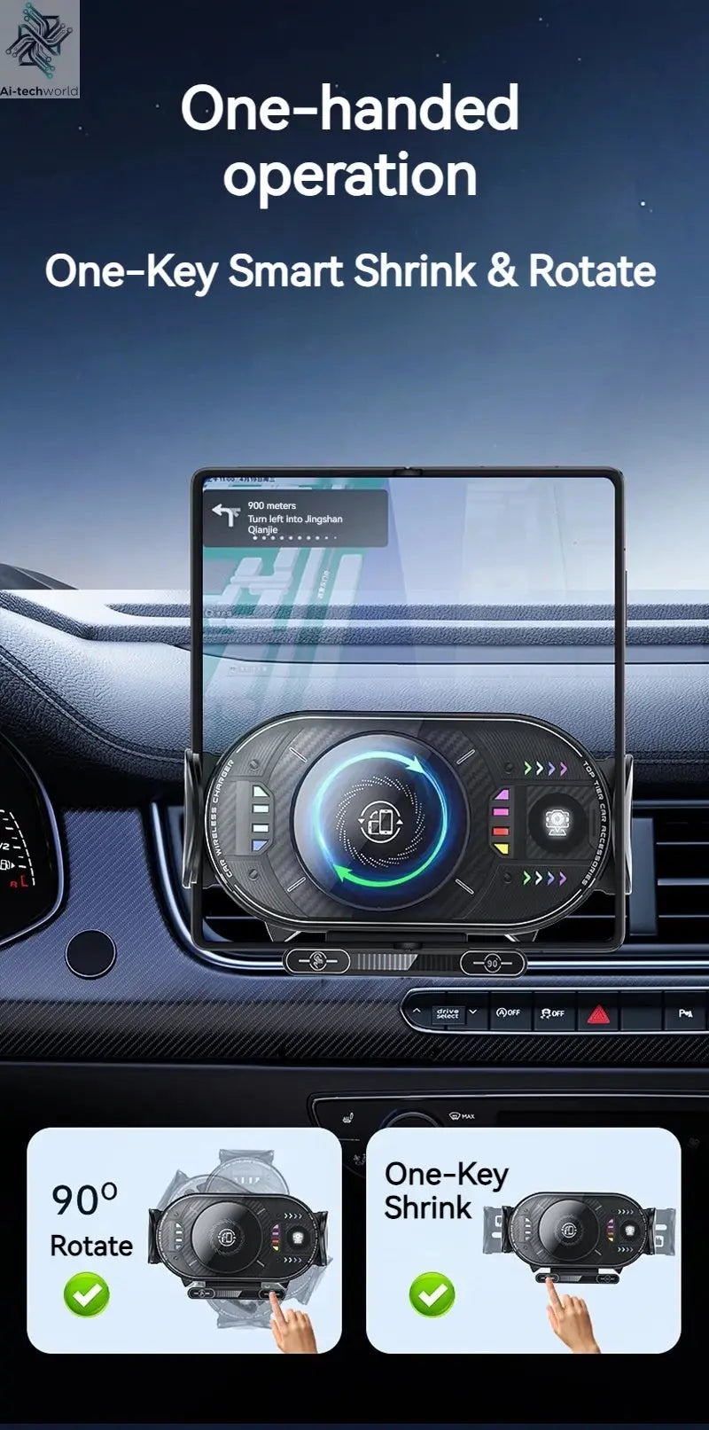 15W Universal Car Phone Wireless Charger Holder 90° Rotation Mount for Samsung Galaxy Fold 6 5 4 3 Z Flip S25 S24 Iphone 17 16 Ai-TechWorld 