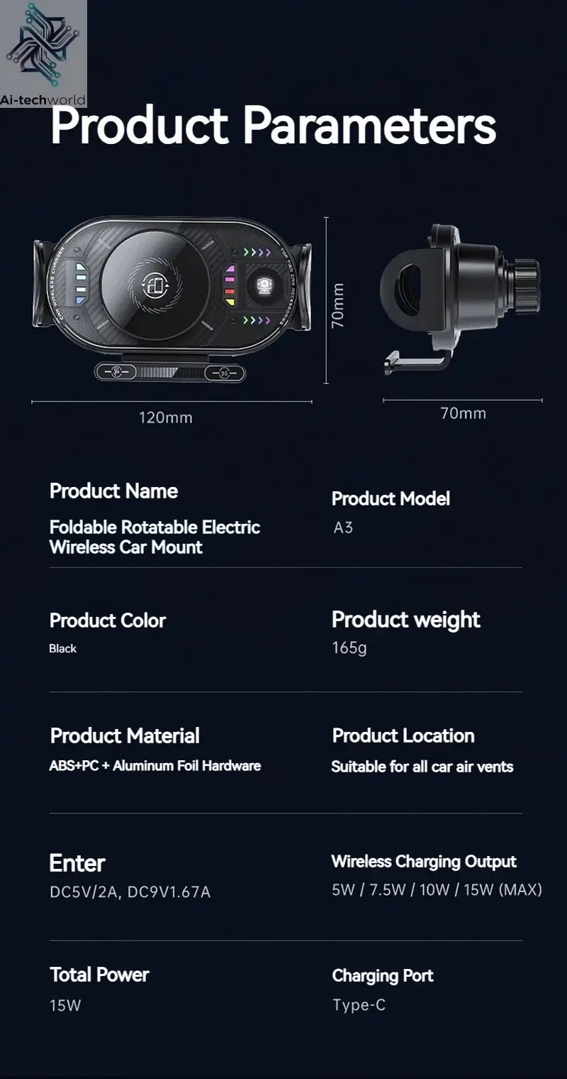 15W Universal Car Phone Wireless Charger Holder 90° Rotation Mount for Samsung Galaxy Fold 6 5 4 3 Z Flip S25 S24 Iphone 17 16 Ai-TechWorld 